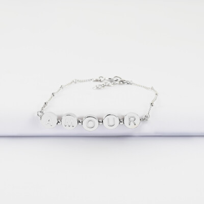 Bracelet chaîne pastilles estampillées "Amour" argent