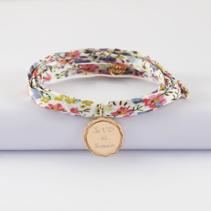 Bracelet 3 tours Liberty personnalisé médaille contour fleur gravée plaqué or 15 mm - écrit