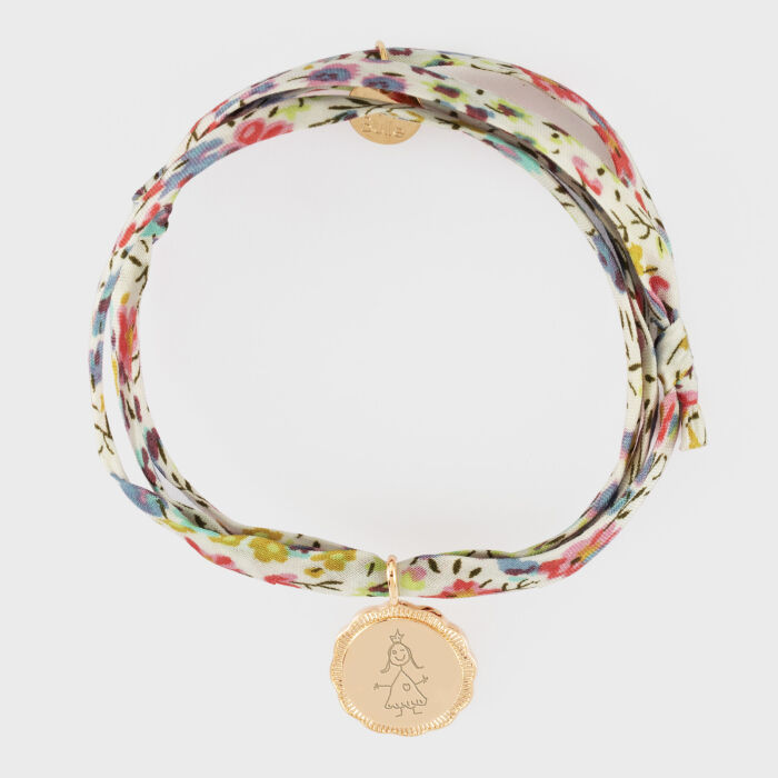 Bracelet 3 tours Liberty personnalisé médaille contour fleur gravée plaqué or 15 mm - dessin
