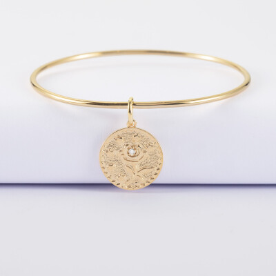 Bracelet personnalisé jonc plaqué or médaille gravée texturée rose scintillante 19 mm