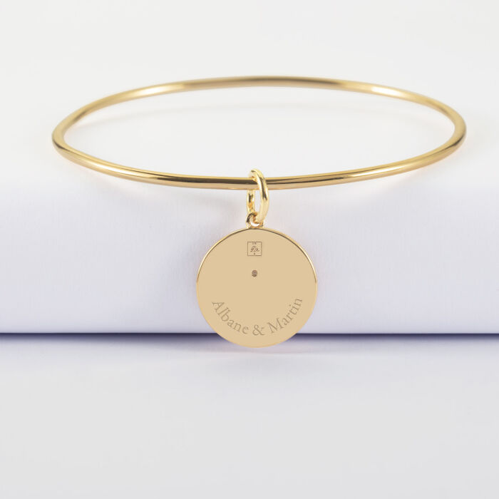 Bracelet personnalisé jonc plaqué or médaille gravée texturée rose scintillante 19 mm