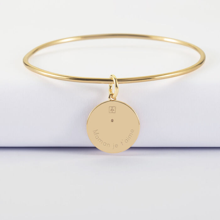 Bracelet personnalisé jonc plaqué or médaille gravée texturée rose scintillante 19 mm