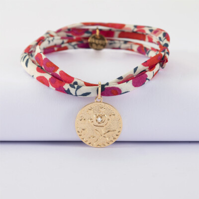 Bracelet 3 tours Liberty personnalisé médaille gravée plaqué or texturée rose scintillante 19 mm