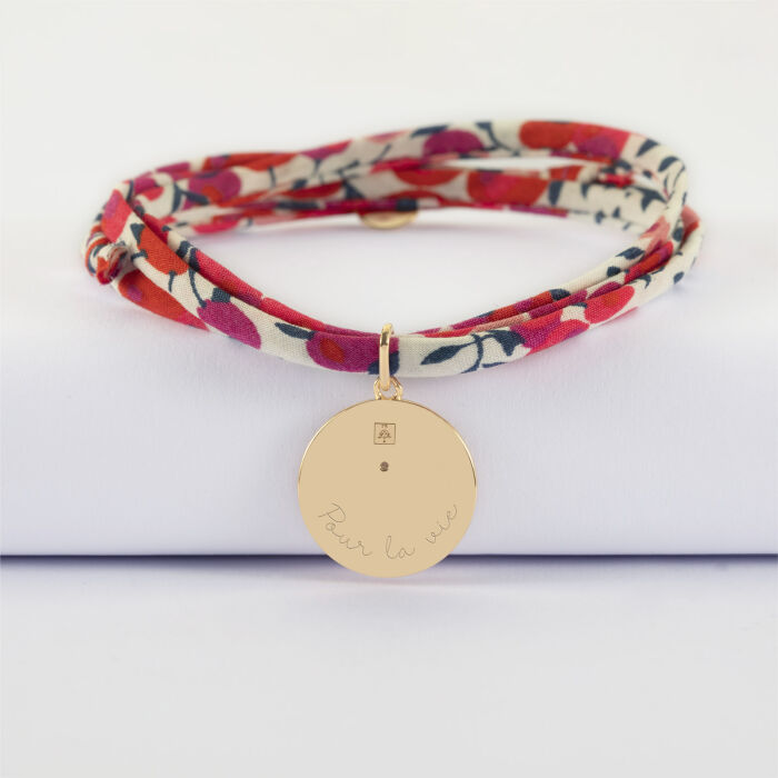 Bracelet 3 tours Liberty personnalisé médaille gravée plaqué or texturée rose scintillante 19 mm