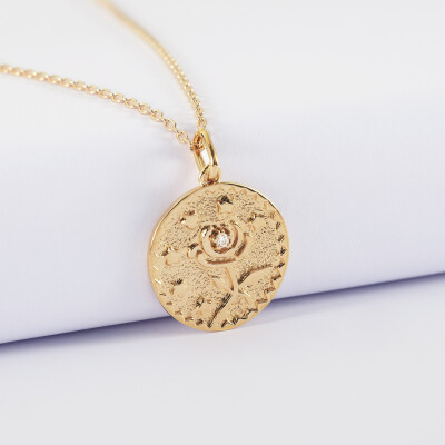 Pendentif personnalisé médaille gravée plaqué or texturée rose scintillante 19 mm