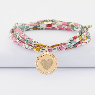 Bracelet 3 tours Liberty personnalisé médaille contour fleur gravée plaqué or 18 mm - empreinte
