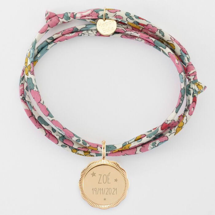 Bracelet 3 tours Liberty personnalisé médaille contour fleur gravée plaqué or 18 mm - texte pictogramme