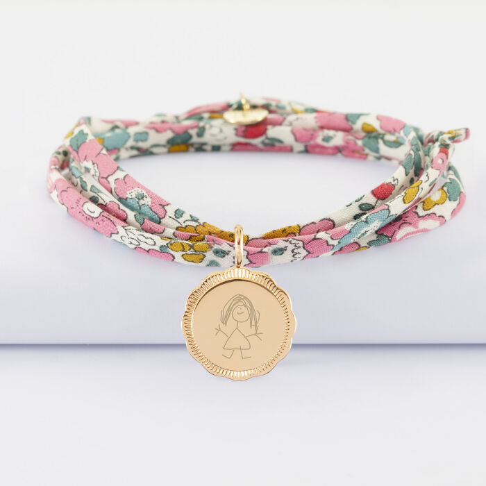 Bracelet 3 tours Liberty personnalisé médaille contour fleur gravée plaqué or 18 mm - dessin