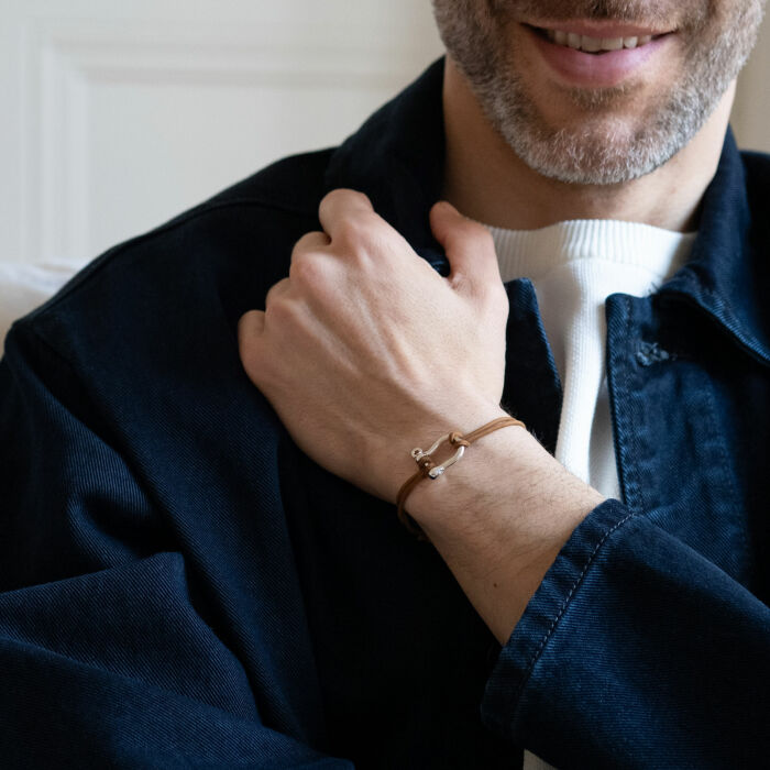 Bracelet homme cordon cuir double manille argent 20 mm - bijou porté