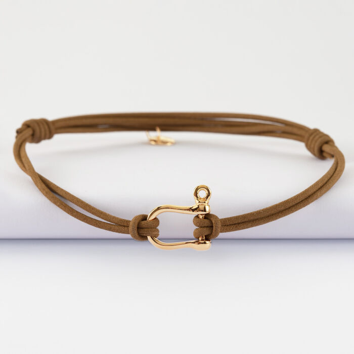 Bracelet homme cordon cuir double manille plaqué or 15 mm