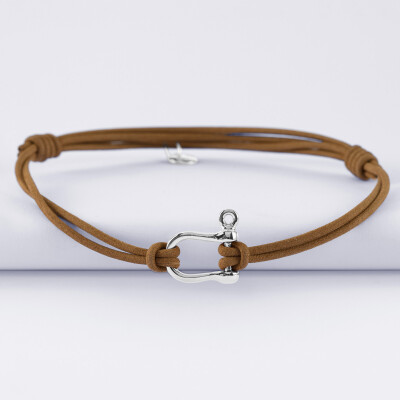 Bracelet homme cordon cuir double manille argent 15 mm