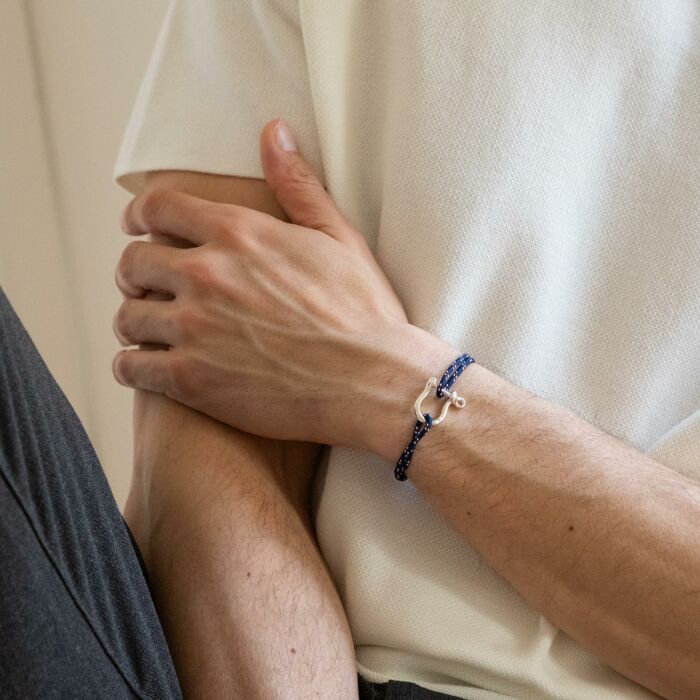 Bracelet homme cordage marin manille argent 20 mm - bijou porté