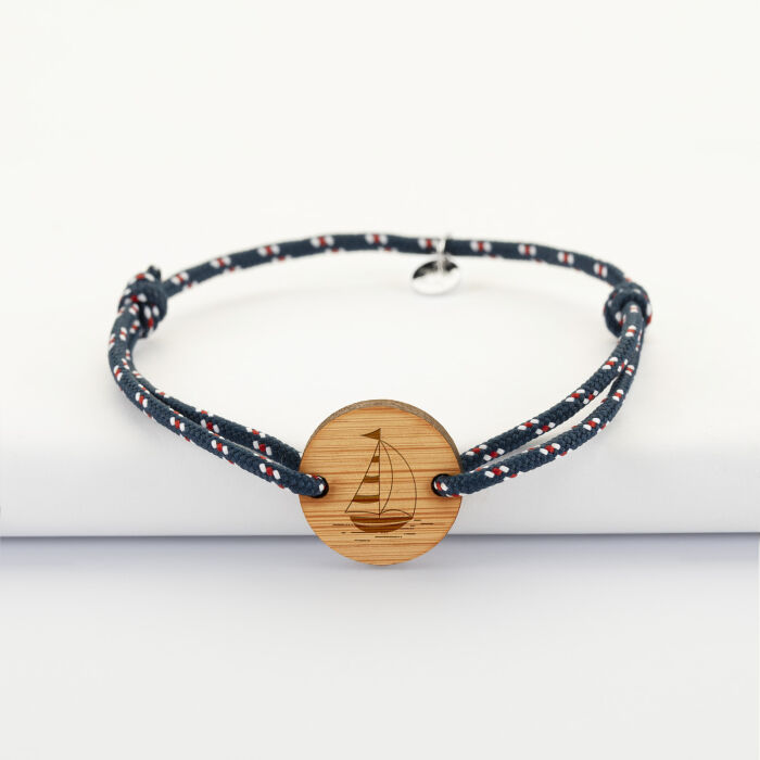 Bracelet homme personnalisé cordage marin simple médaille gravée bois ronde 2 trous 21 mm - Edition spéciale Marin - voilier