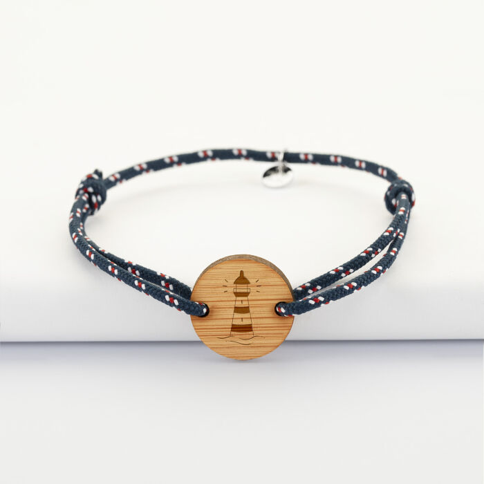 Bracelet homme personnalisé cordage marin simple médaille gravée bois ronde 2 trous 21 mm - Edition spéciale Marin - phare