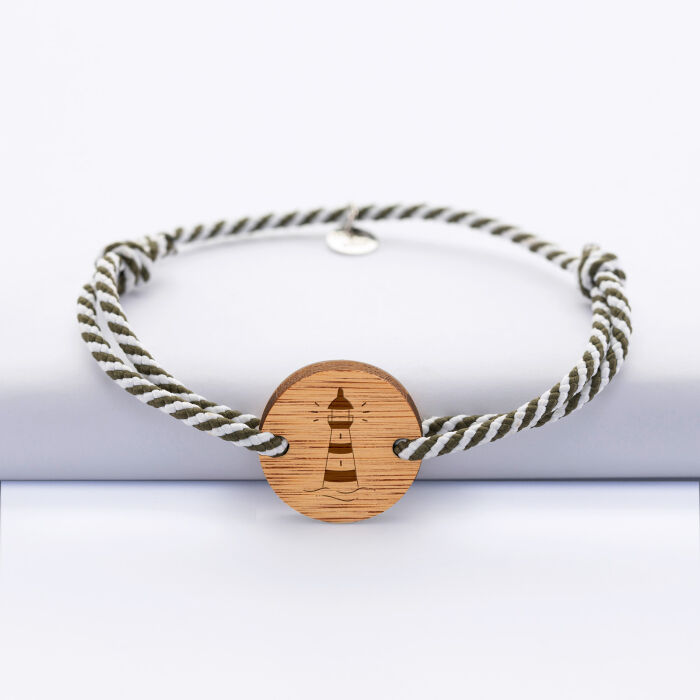 Bracelet homme personnalisé cordon marin tressé médaille gravée bois ronde 2 trous 21 mm - Edition spéciale Marin - phare