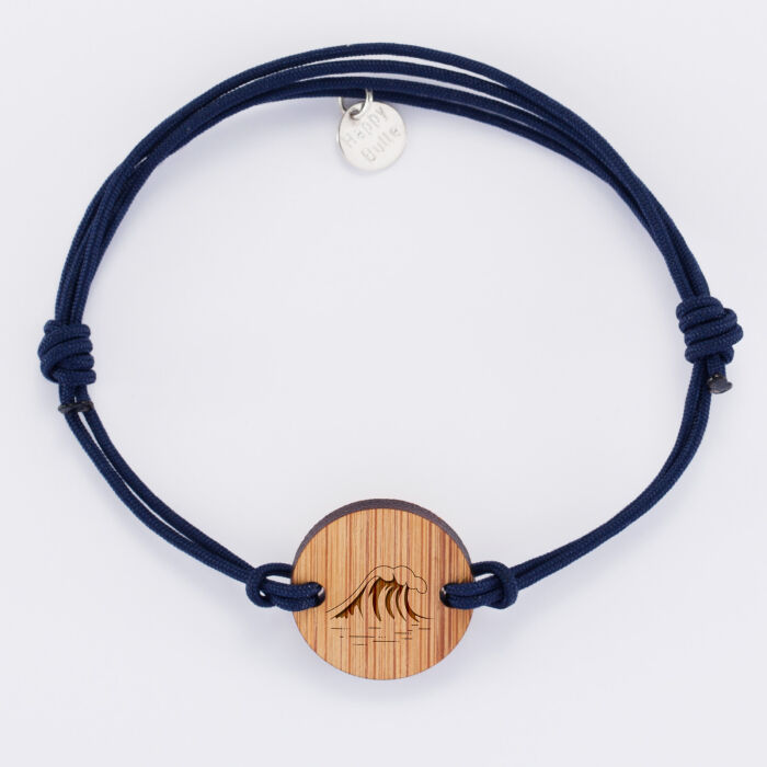 Bracelet homme personnalisé cordon double médaille gravée bois ronde 2 trous 21 mm - Edition spéciale Marin - vague
