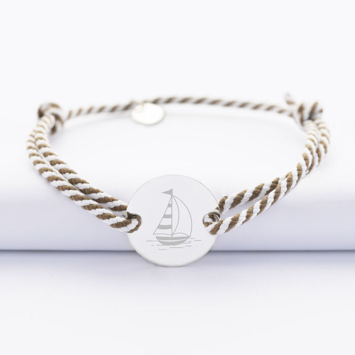 Bracelet homme personnalisé cordon marin tressé médaille gravée argent 2 trous 20 mm - Edition spéciale Marin - voilier