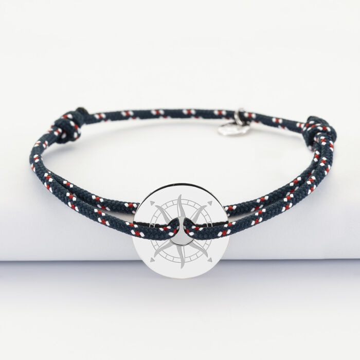 Bracelet homme personnalisé cordage marin simple médaille gravée argent cible 20 mm - Edition spéciale Rose des vents