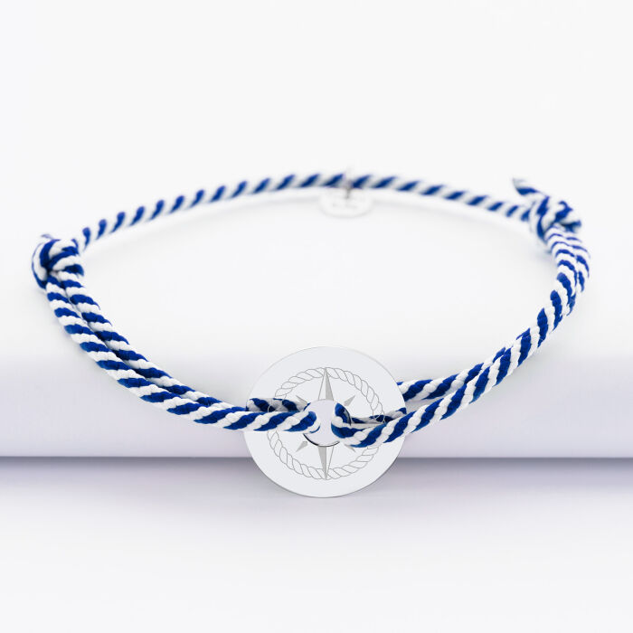 Bracelet homme personnalisé cordon tressé marin médaille gravée argent cible 20 mm - Edition spéciale Rose des vents