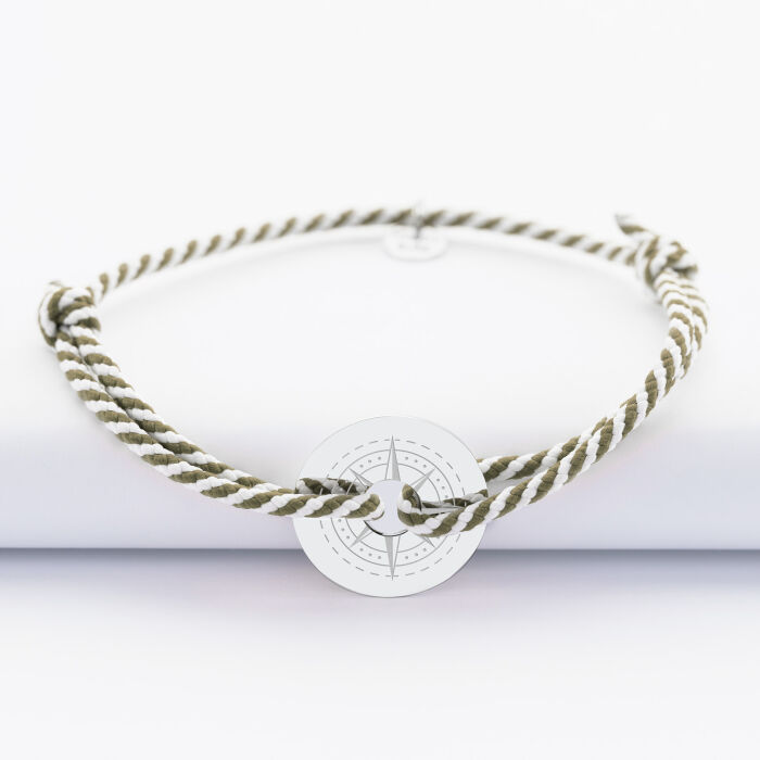 Bracelet homme personnalisé cordon tressé marin médaille gravée argent cible 20 mm - Edition spéciale Rose des vents