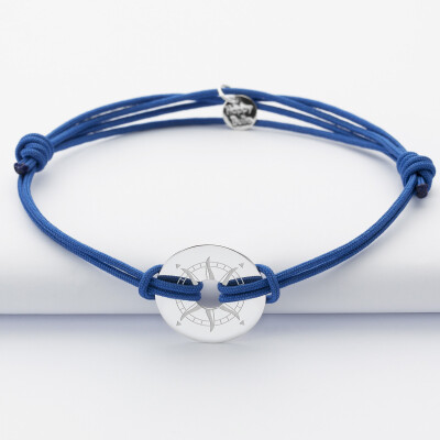 Bracelet homme personnalisé cordon double médaille gravée argent cible 20 mm - Edition spéciale Rose des vents