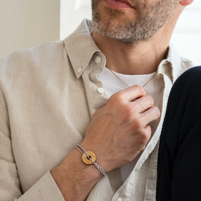 Men's Braided Cord Personalised Bracelet with Engraved Wooden Open Disc Charm