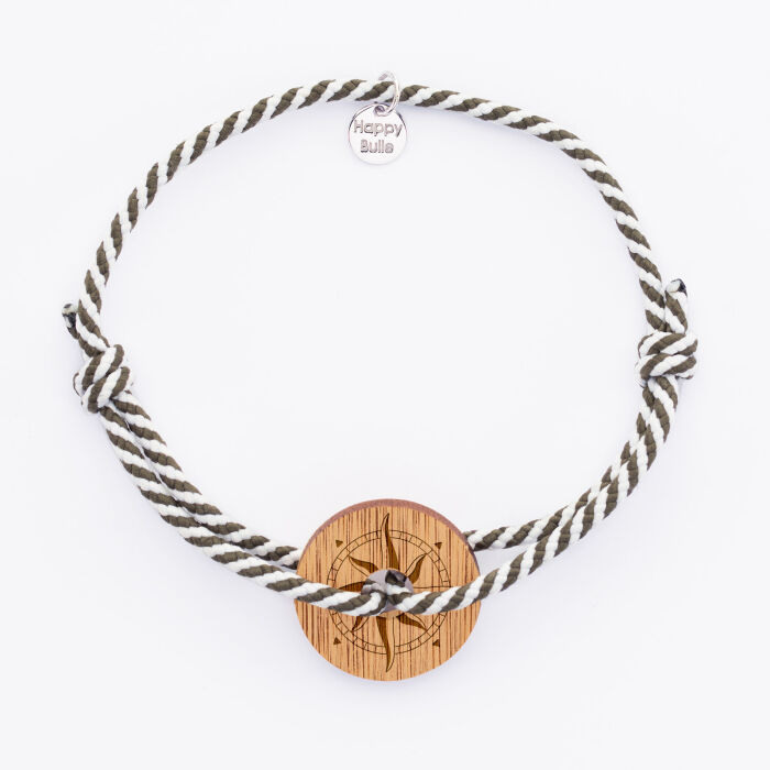 Bracelet homme personnalisé cordon marin tressé médaille gravée bois cible ronde 21 mm - Edition spéciale Rose des vents
