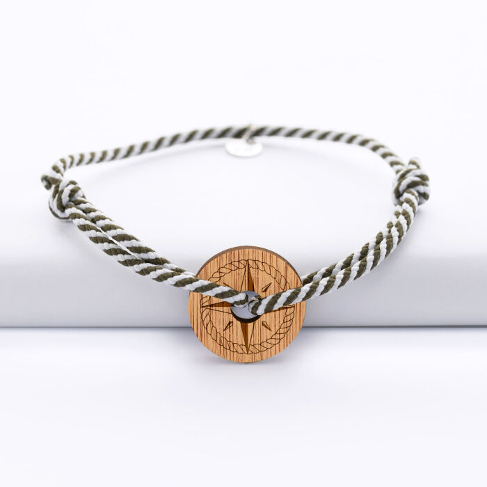 Bracelet homme personnalisé cordon marin tressé médaille gravée bois cible ronde 21 mm - Edition spéciale Rose des vents