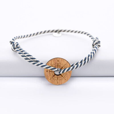Bracelet homme personnalisé cordon marin tressé médaille gravée bois cible ronde 21 mm - Edition spéciale Rose des vents