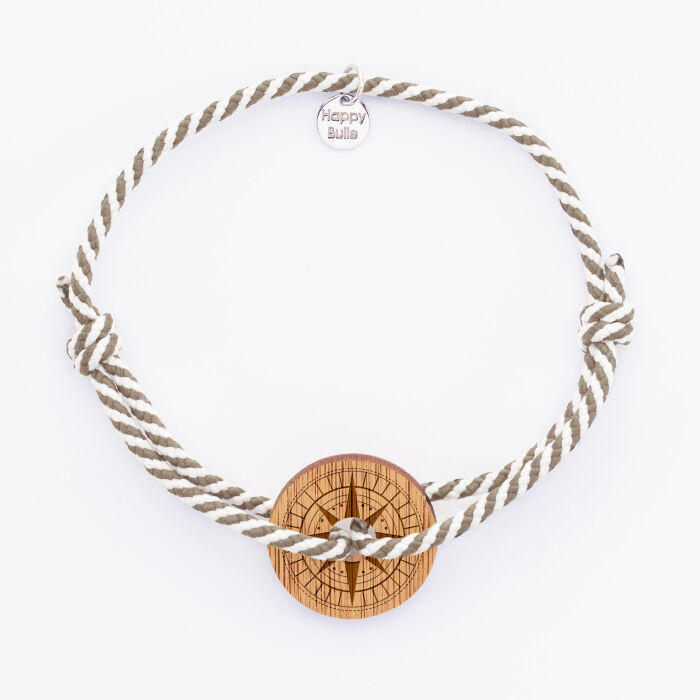 Bracelet homme personnalisé cordon marin tressé médaille gravée bois cible ronde 21 mm - Edition spéciale Rose des vents