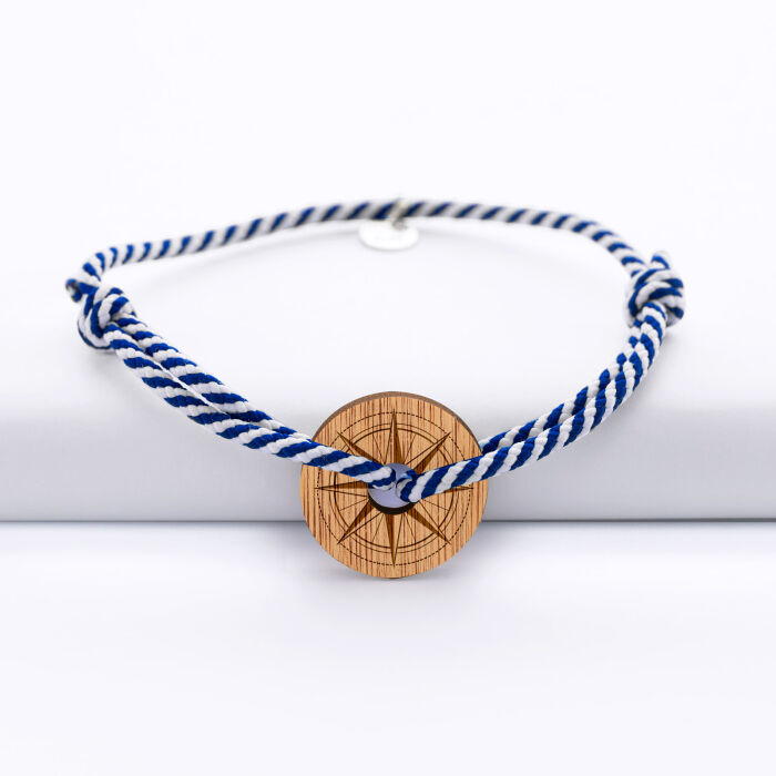 Bracelet homme personnalisé cordon marin tressé médaille gravée bois cible ronde 21 mm - Edition spéciale Rose des vents