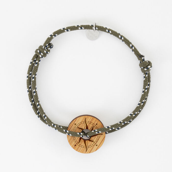 Bracelet homme personnalisé cordage marin simple médaille gravée bois cible ronde 21 mm - Edition spéciale Rose des vents - illustration