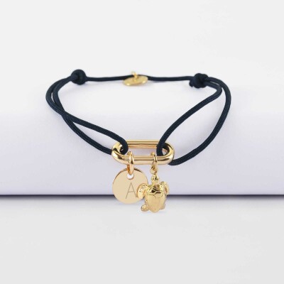 Bracelet personnalisé cordon mousqueton 17x11 mm médaille gravée plaqué or 10 mm et breloque(s) summer - à composer - lettre A