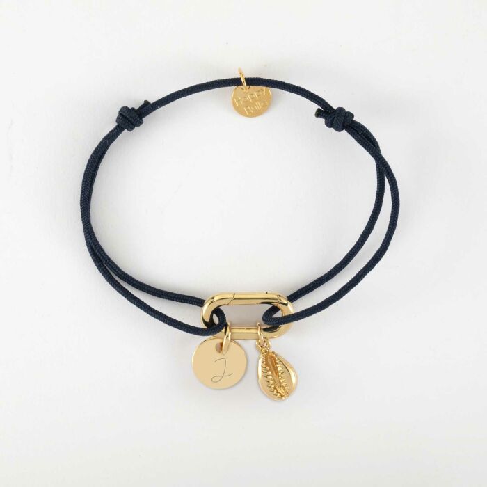 Bracelet personnalisé cordon mousqueton 17x11 mm médaille gravée plaqué or 10 mm et breloque(s) summer - à composer - lettre J