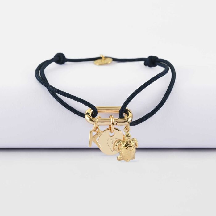 Bracelet personnalisé cordon mousqueton 17x11 mm médaille gravée plaqué or 10 mm et breloque(s) summer - à composer - Coeur