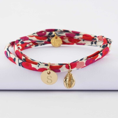 Bracelet 3 tours Liberty personnalisé médaille gravée plaqué or 10 mm et breloque(s) summer - à composer - lette S