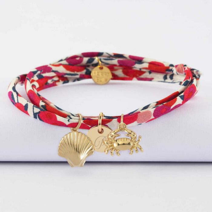 Bracelet 3 tours Liberty personnalisé médaille gravée plaqué or 10 mm et breloque(s) summer - à composer - initiale R