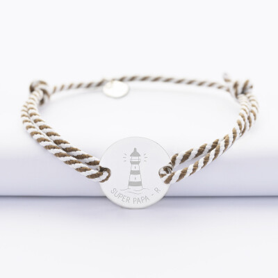 Bracelet homme personnalisé cordon marin tressé médaille gravée argent 2 trous 20 mm - Edition spéciale Marin - texte papa
