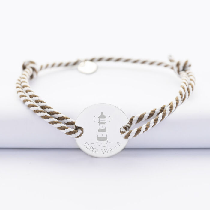 Bracelet homme personnalisé cordon marin tressé médaille gravée argent 2 trous 20 mm - Edition spéciale Marin - texte papa