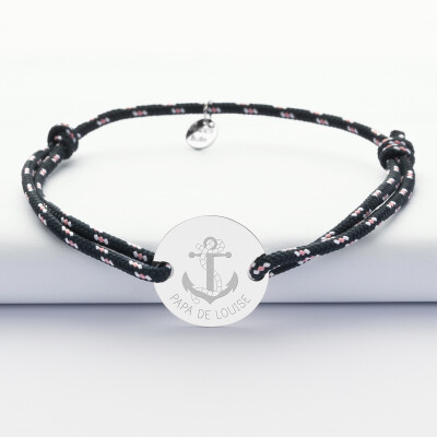 Bracelet homme personnalisé cordage marin simple médaille gravée argent 2 trous 20 mm - Edition spéciale Marin - texte papa