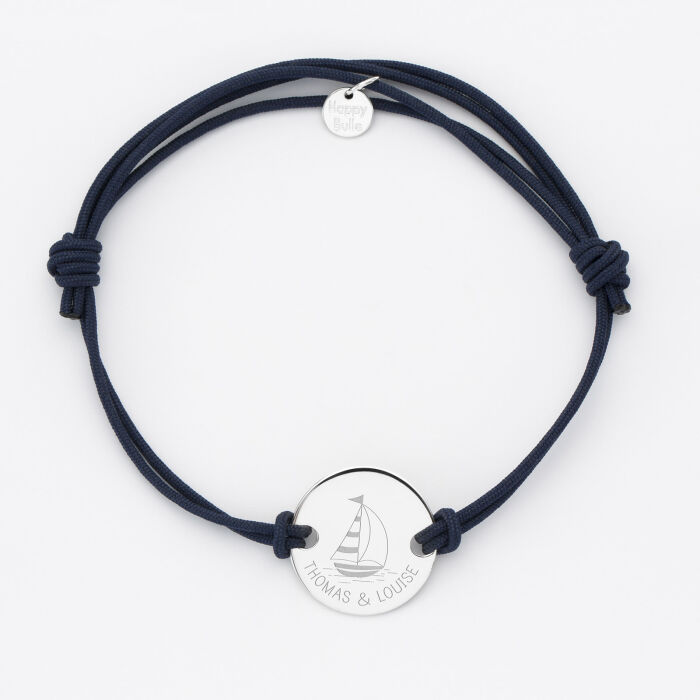 Bracelet homme personnalisé cordon doublé médaille gravée argent 2 trous 20 mm - Edition spéciale Marin - prénoms amoureux