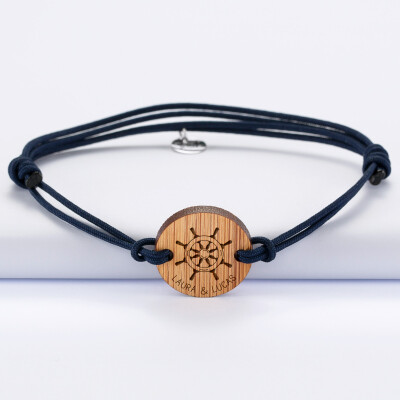 Bracelet homme personnalisé cordon double médaille gravée bois ronde 2 trous 21 mm - Edition spéciale Marin - prénoms enfants