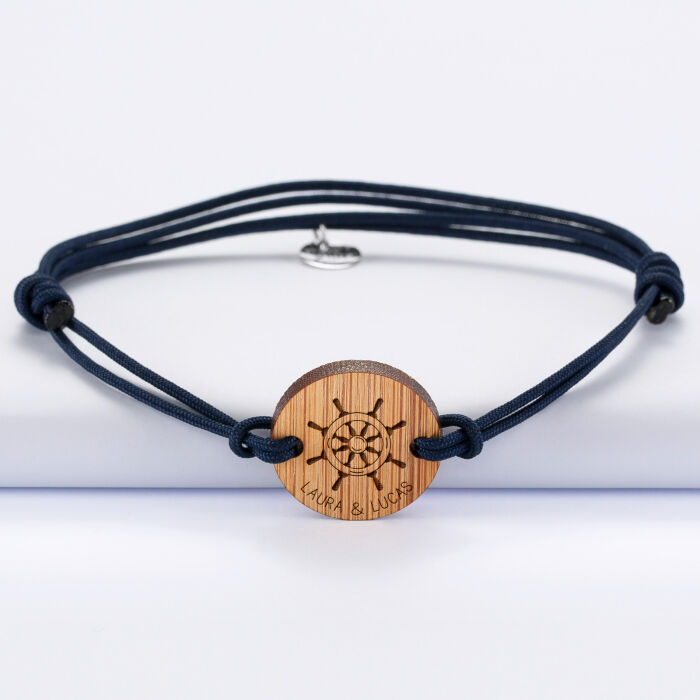 Bracelet homme personnalisé cordon double médaille gravée bois ronde 2 trous 21 mm - Edition spéciale Marin - prénoms enfants