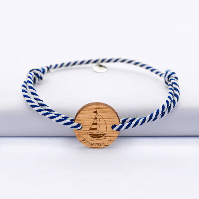 Bracelet homme personnalisé cordon marin tressé médaille gravée bois ronde 2 trous 21 mm - Edition spéciale Marin - super papa