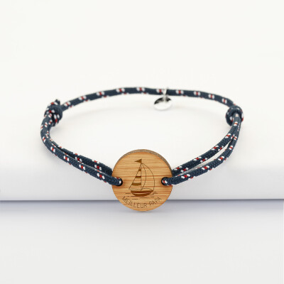 Bracelet homme personnalisé cordage marin simple médaille gravée bois ronde 2 trous 21 mm - Edition spéciale Marin - meilleur papa