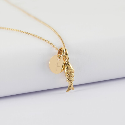 Pendentif personnalisé médaille gravée plaqué or 10 mm et breloque poisson articulé 15 mm - lettre F