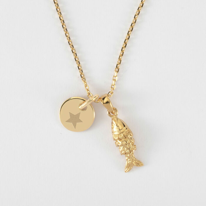 Pendentif enfant personnalisé médaille gravée plaqué or 10 mm et breloque poisson articulé 15 mm - étoile