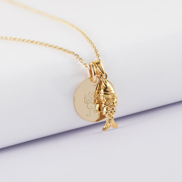 Pendentif personnalisé médaille gravée plaqué or 15 mm et breloque poisson articulé 15 mm - dessin