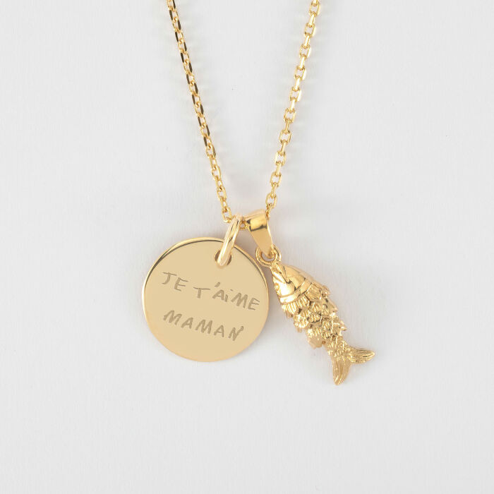 Pendentif personnalisé médaille gravée plaqué or 15 mm et breloque poisson articulé 15 mm