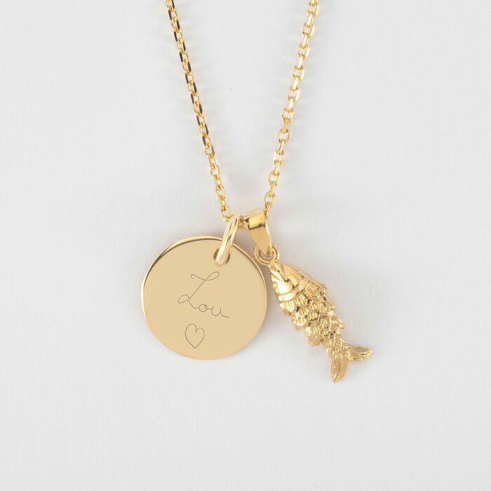 Pendentif enfant personnalisé médaille gravée plaqué or 15 mm et breloque poisson articulé 15 mm - écrit prénom